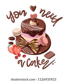 typography slogan with chocolate cake illustration