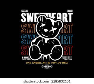 typography slogan with colorful bear doll graphic vector illustration on black background, for streetwear and urban style t-shirts design, hoodies, etc