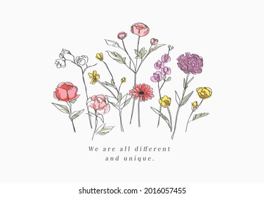 Typography Slogan With Colorful Hand Drawn Wild Flowers Vector Illustration