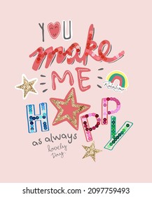 typography slogan with colorful sequins and glitters star vector illustration