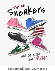 typography slogan with colorful sneakers illustration