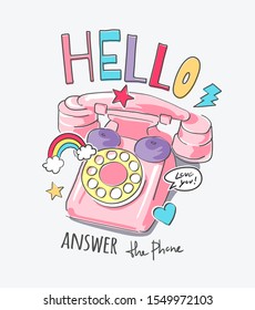 typography slogan with colorful vintage phone and icons illustration