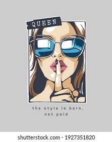 Typography Slogan With Comic Cartoon Girl In Sunglasses Shh Gesture Illustration