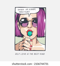 typography slogan with comic girl in sunglasses holding candy vector illustration