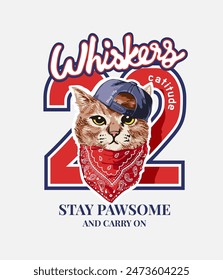 typography slogan with cool cat in red bandana on number background vector illustration