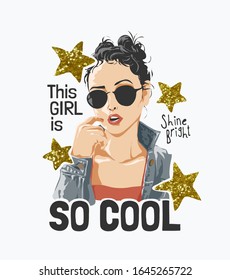 typography slogan with cool girl in sunglasses and gold glitter star illustration