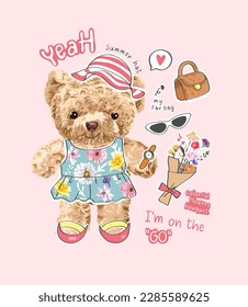 typography slogan with cute bear doll in paper doll clothes vector illustration