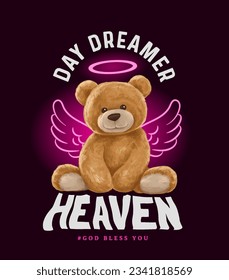 typography slogan with cute bear toy with angel's wings neon light,vector illustration for t-shirt.