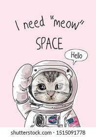 eslogan tipográfico con un lindo gato vestido de astronauta ilustración