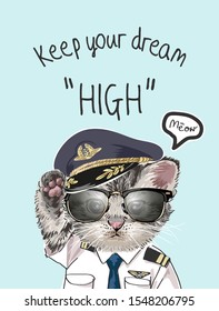 typography slogan with cute cat in pilot costume illustration