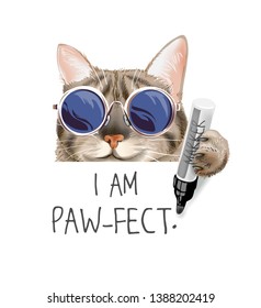 typography slogan with cute cat in sunglasses holding marker pen illustration, cartoon cat writing illustration