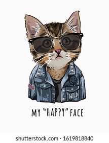 typography slogan with cute cat in sunglasses and denim jacket illustration