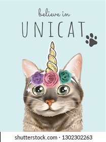 typography slogan with cute cat in unicorn horn illustration