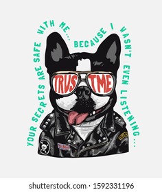 typography slogan with cute dog in studded leather jacket and sunglasses illustration