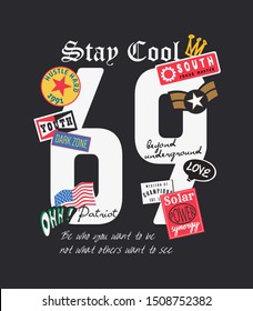 typography slogan with cute icons on black background