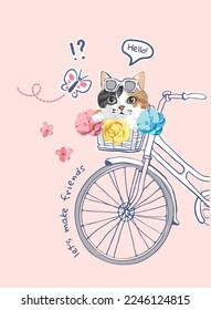 typography slogan with cute kitten in bicycle basket vector illustration