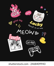 typography slogan with cute kitten icons hand drawn vector illustration on black background