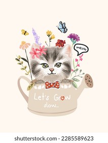 typography slogan with cute little kitten in vintage watering can vector illustration