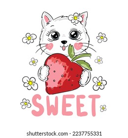 Typography slogan with cute sweet cat illustration. Vector illustration. Print graphic for T-shirt.