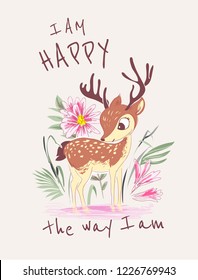 typography slogan with deer in the garden illustration