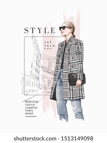 typography slogan with fashion girl on city background illustration