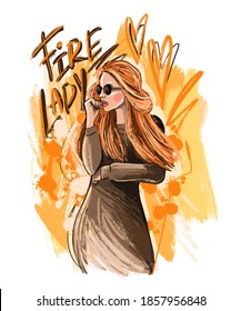 Typography slogan Fire Lady with cartoon girl. Vector illustration EPS 10