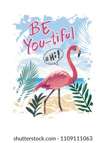 typography slogan with flamingo on the beach illustration