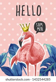 typography slogan with flamingo and palm leaf illustration on polka dot background