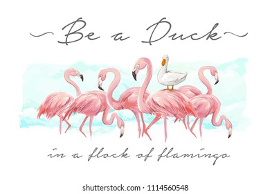 typography slogan with flock of flamingo and duck illustration