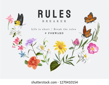 typography slogan with flower wreath and butterfly illustration 