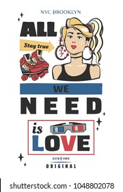 Typography slogan with girl, in 80s 90s memphis style vector for t shirt printing, graphic tee and printed tee