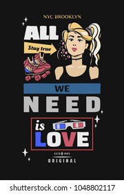 Typography slogan with girl, in 80s 90s memphis style vector for t shirt printing, graphic tee and printed tee