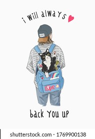 typography slogan with girl carrying cat in backpack illustration