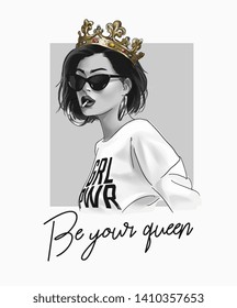 typography slogan with girl in clown and sunglasses illustration