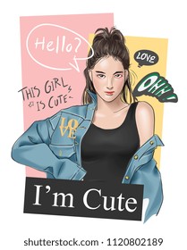 slogan tipografia com menina em denim jaqueta ilustração