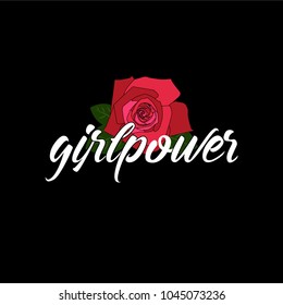 Typography slogan: "Girl Power" and background design for embroidery or printing, Graphic t-shirt. Rose in cartoon fashion style with typography. Feminism slogan. Isolated on the white background.
