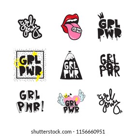 Typography slogan with Girl Power text. GRL PWR short quote set, simple cute illustration for Print Bag Sticker Clothing Laptop Phone Wall everywhere. Modern feminist slogan, tattoo trend