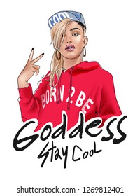 typography slogan with girl in red sweater illustration