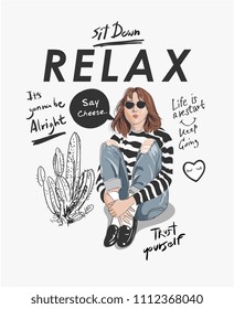 typography slogan with girl sitting on the floor illustration typography slogan with girl sitting on the floor illustration