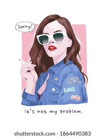 typography slogan with girl in sunglasses and denim jacket illustration