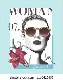 typography slogan with girl in sunglasses  illustration