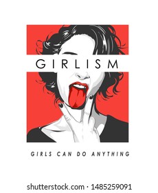 typography slogan with girl tongue out illustration