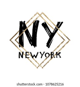 Typography slogan with gold frame. Hand drawn New York vector for t shirt printing.