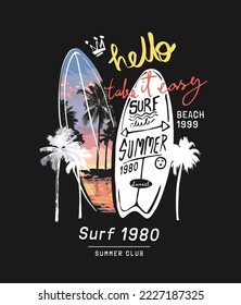 typography slogan with graphic surfboard vector illustration on black background