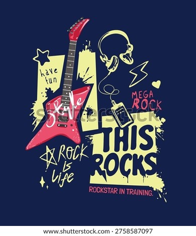 typography slogan with guitar icons vector illustration for kids' fashion print