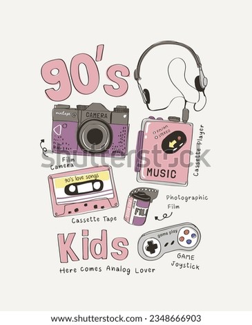 typography slogan with hand drawn cartoon 90's item vector illustration