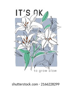 Typografie-Slogan mit handgezeichnet weißer Lilienblüte, Vektorgrafik auf quadratischem Hintergrund