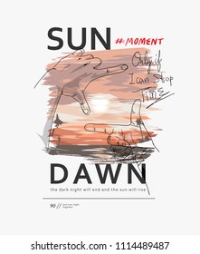 typography slogan with hand frame on sunset view illustration