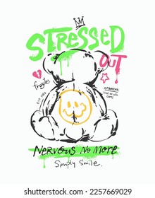 typography slogan with hand sketch bear doll sitting back vector illustration