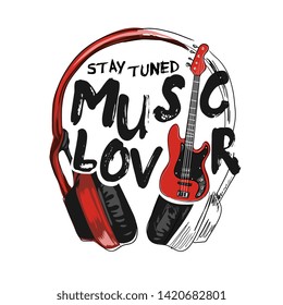 typography slogan with headphone and guitar illustration